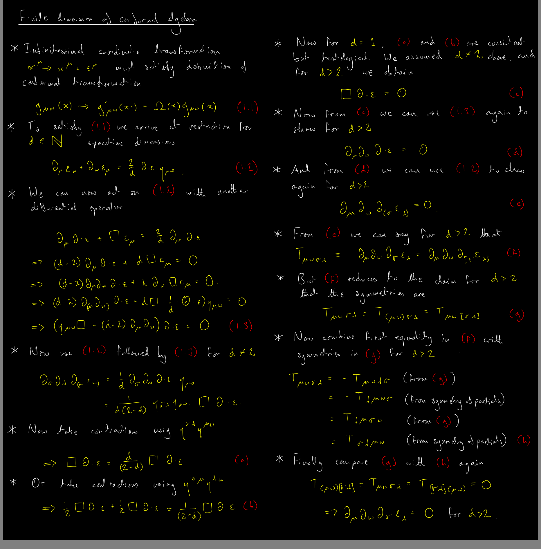 Supervision notes on the finitude of the conformal algebra in more than two dimensions.